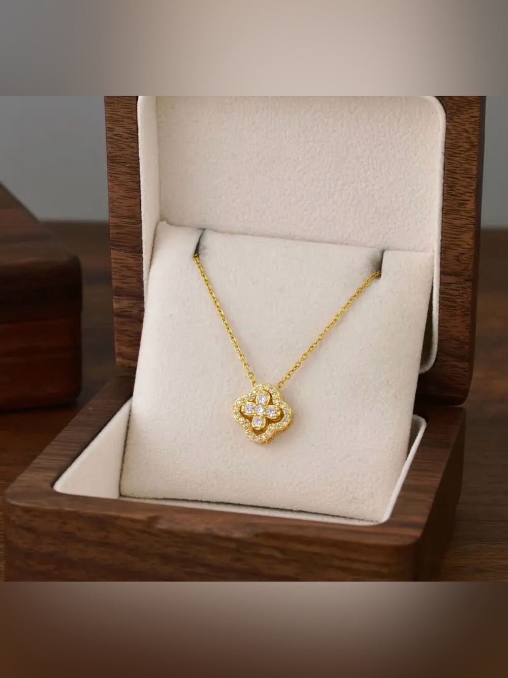 New Gold Plated Clover Pave Pendant Necklace CZ & Titanium Steel